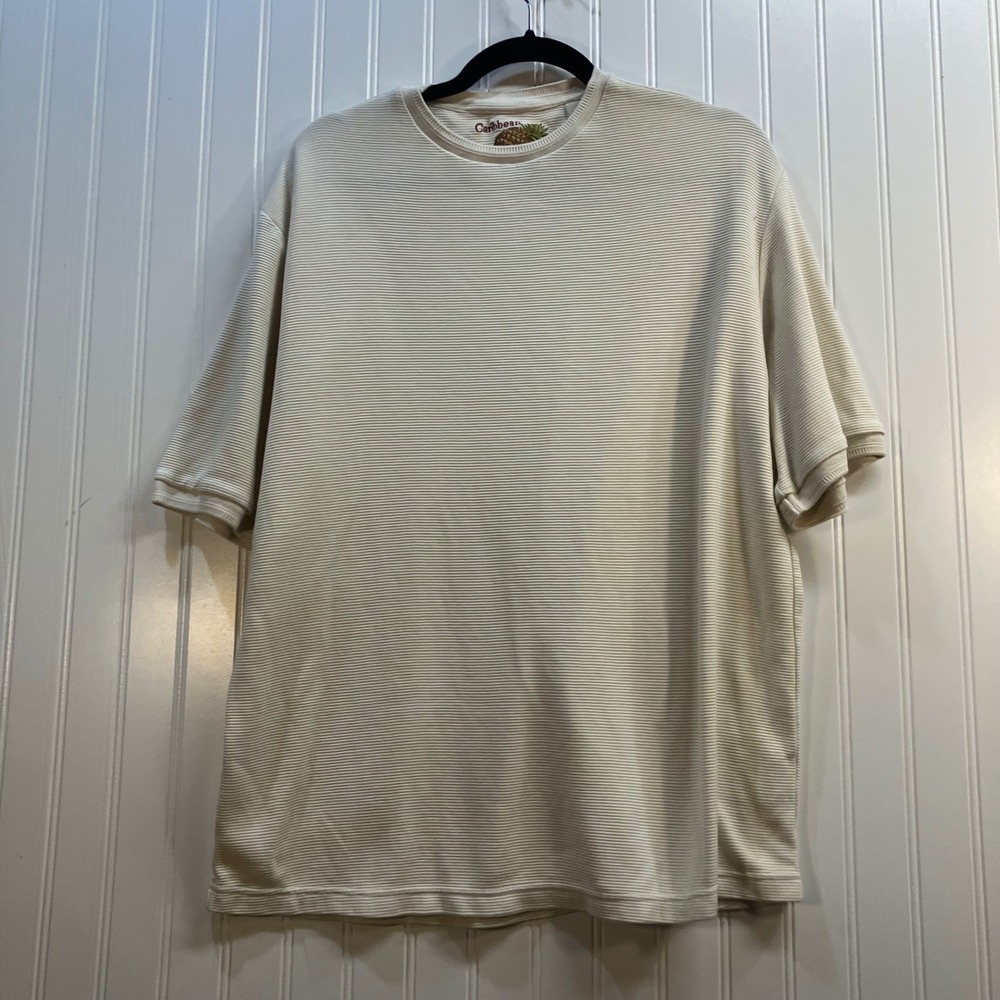 Caribbean Mens Cream Silk Cotton Blend Ribbed Short Sleeve Crewneck Shirt L